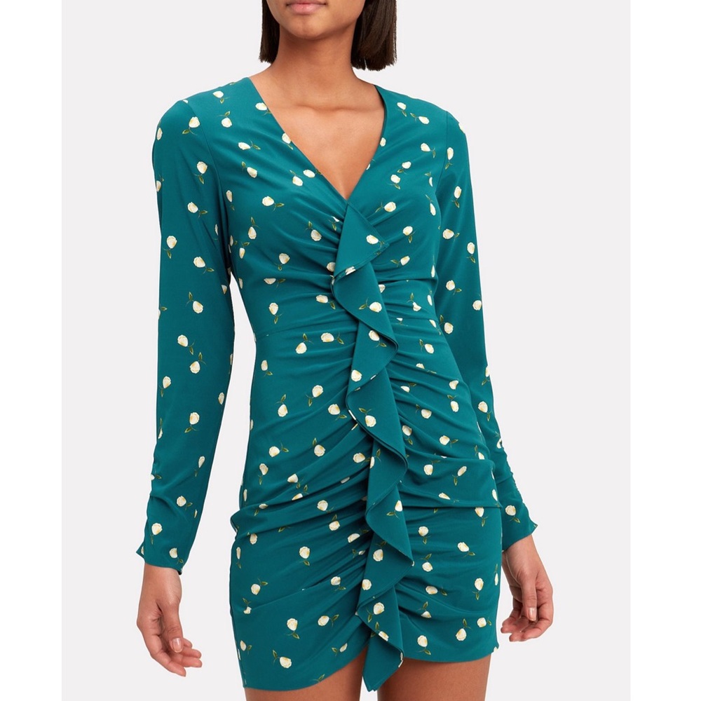 INTERMIX Silk Floral Teal Long Sleeve Mini Dress